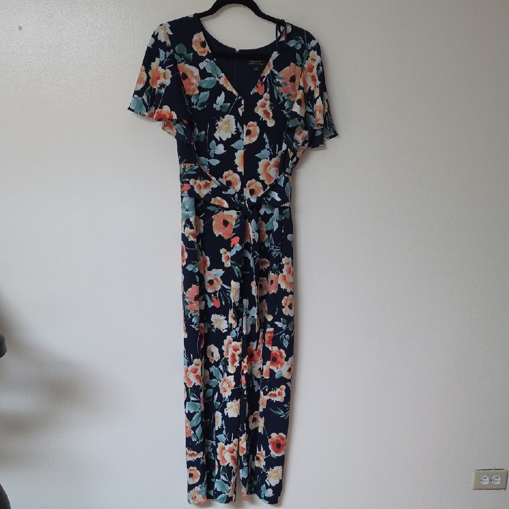 Tahari Navy Floral Wrap-Style Jumpsuit with Coral and Cream Flowers